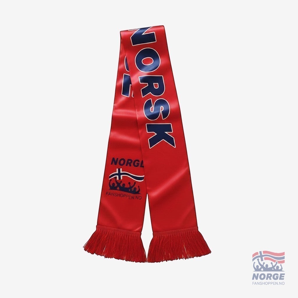 Fanshoppen Norge red lightweight scarf with blue "NORSK" text and Norwegian flag detail. Perfect for summer football events.