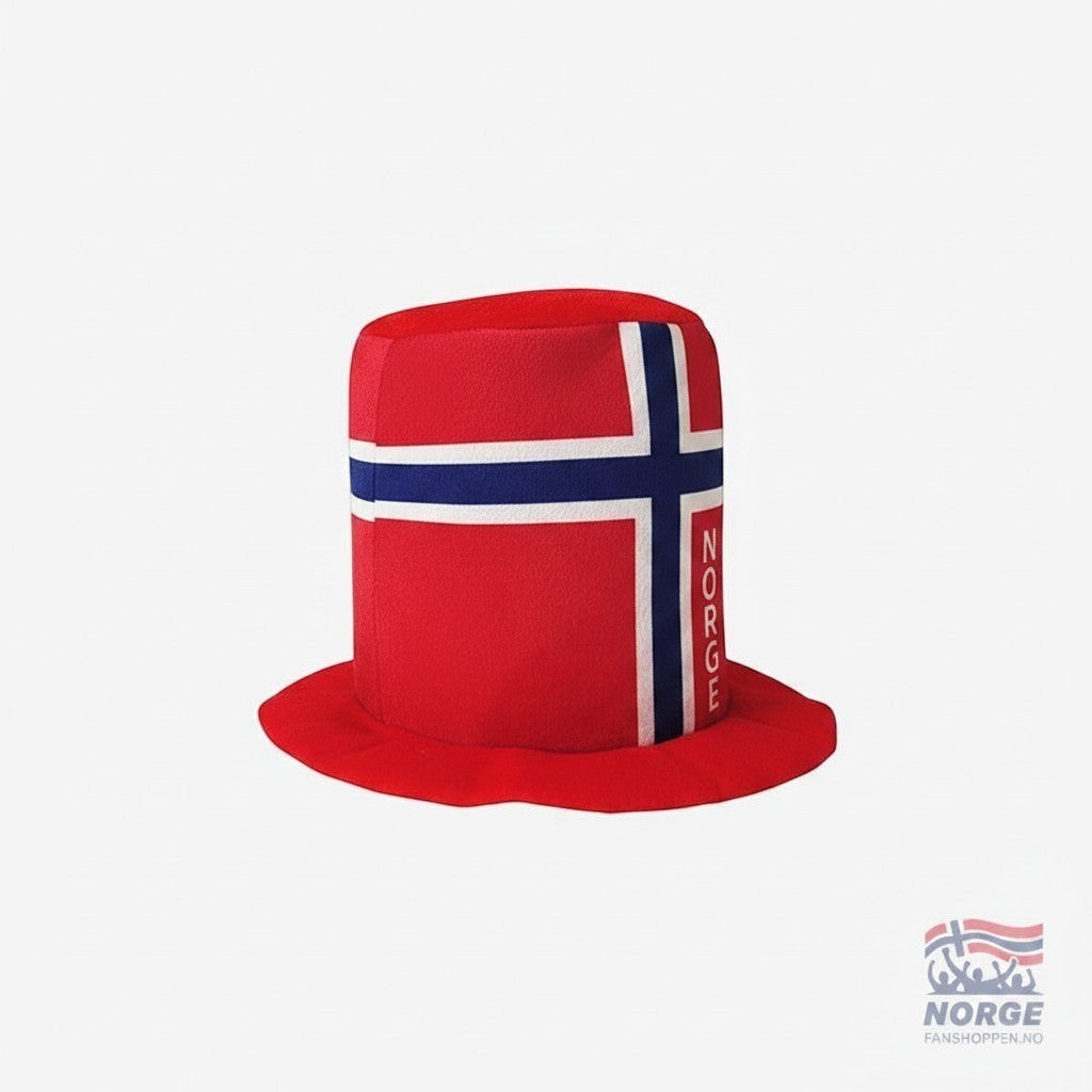 Fanshoppen Norge red top hat with Norwegian flag design and "NORGE" text. Soft material, high crown.
