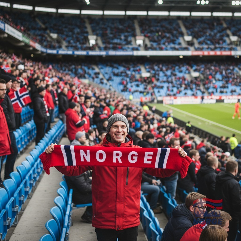 Fanshoppen Norge red knitted scarf with white NORGE text and blue/white stripes, fringed ends.