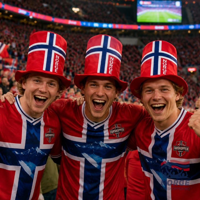 Fanshoppen Norge red plush top hat with Norwegian flag design and "NORGE" text