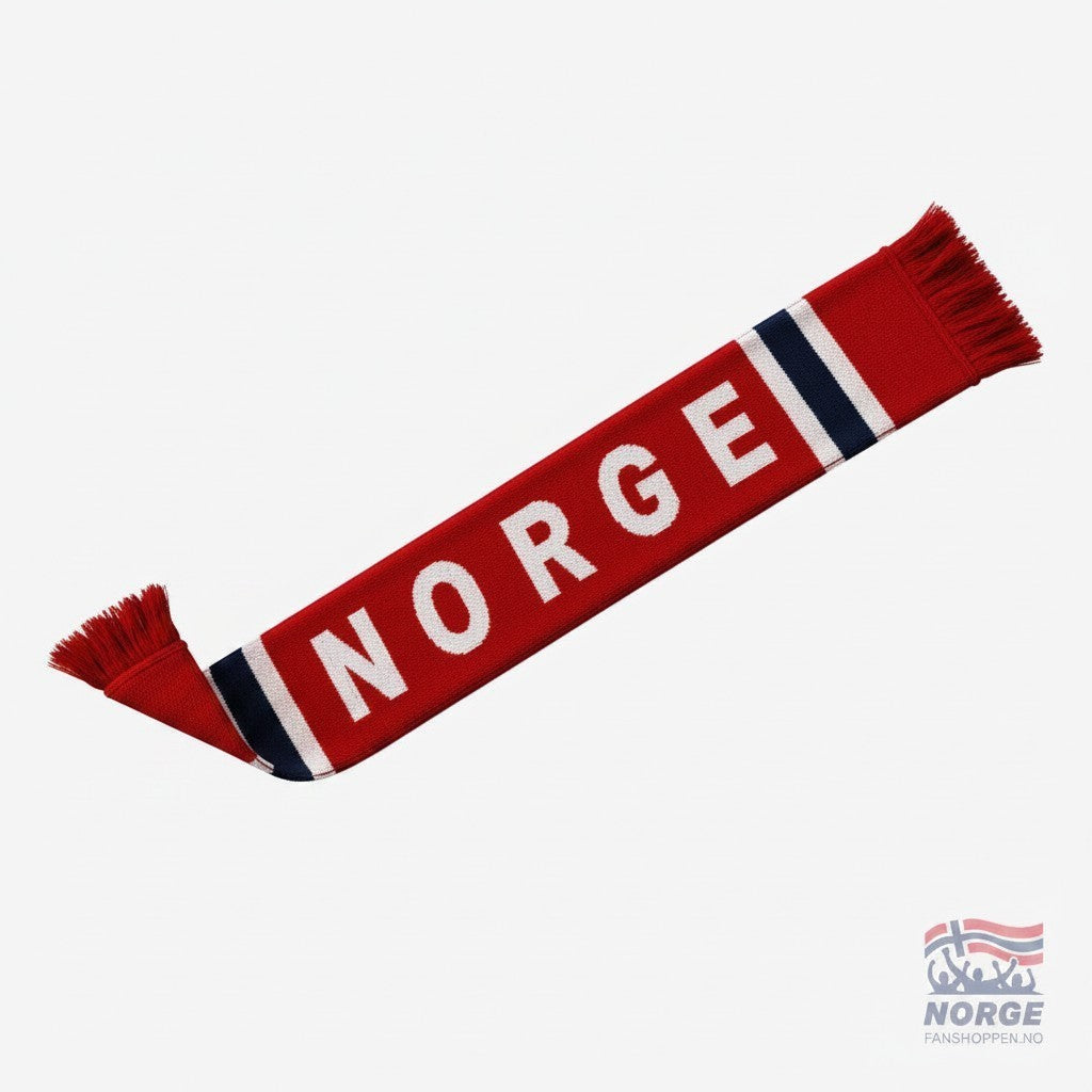 Fanshoppen Norge red knitted scarf with white text 'NORGE' and blue and white stripes, fringed ends.