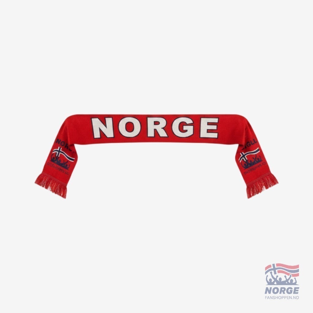 Fanshoppen Norge red knitted scarf with "NORGE" text and Norwegian flag detail. Features pockets for drinks or phone.