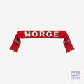 Fanshoppen Norge red knitted scarf with "NORGE" text and Norwegian flag detail. Features pockets for drinks or phone.