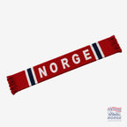 Fanshoppen Norge red knitted scarf with white and blue stripes and 'NORGE' text. Fringed ends.