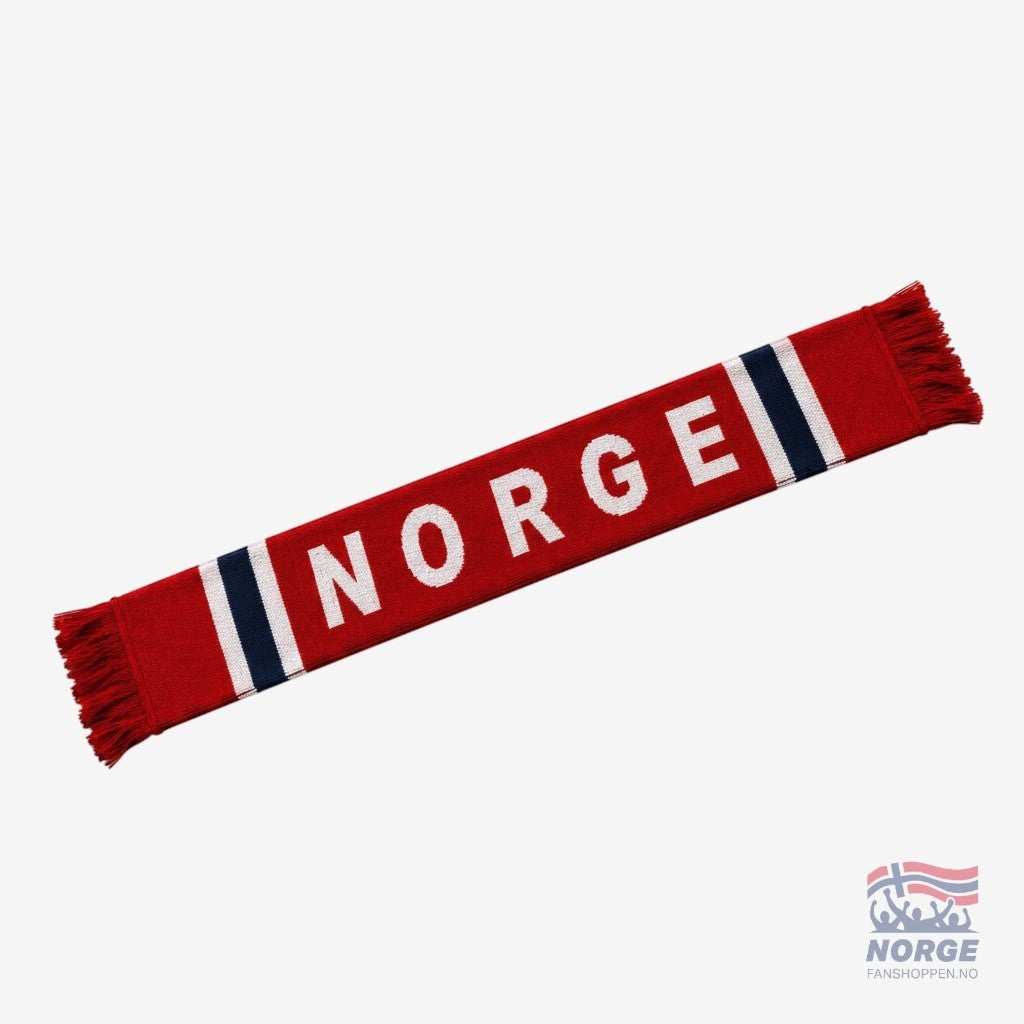 Fanshoppen Norge red knitted scarf with white and blue stripes and 'NORGE' text. Fringed ends.