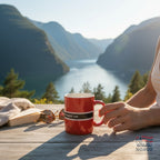 Fanshoppen Norge red ceramic mug with white interior, featuring