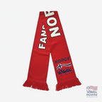 Fanshoppen Norge red supporter scarf with pockets, featuring "NORGE" and Norwegian flag design. Soft, durable material.