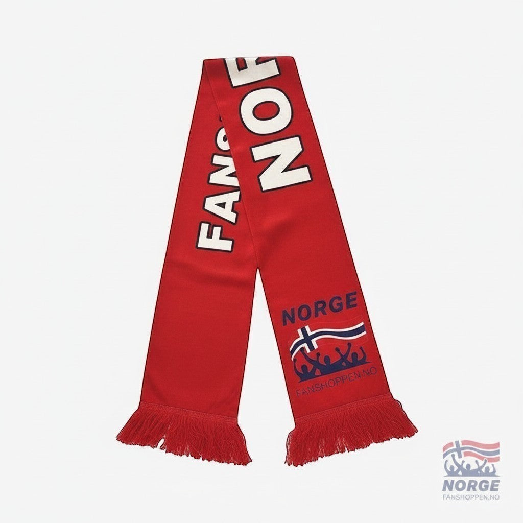Fanshoppen Norge red supporter scarf with pockets, featuring "NORGE" and Norwegian flag design. Soft, durable material.