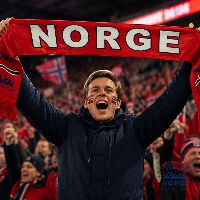 Fanshoppen Norge red supporter scarf with pockets, featuring "NORGE" and the Norwegian coat of arms. Fringed ends.