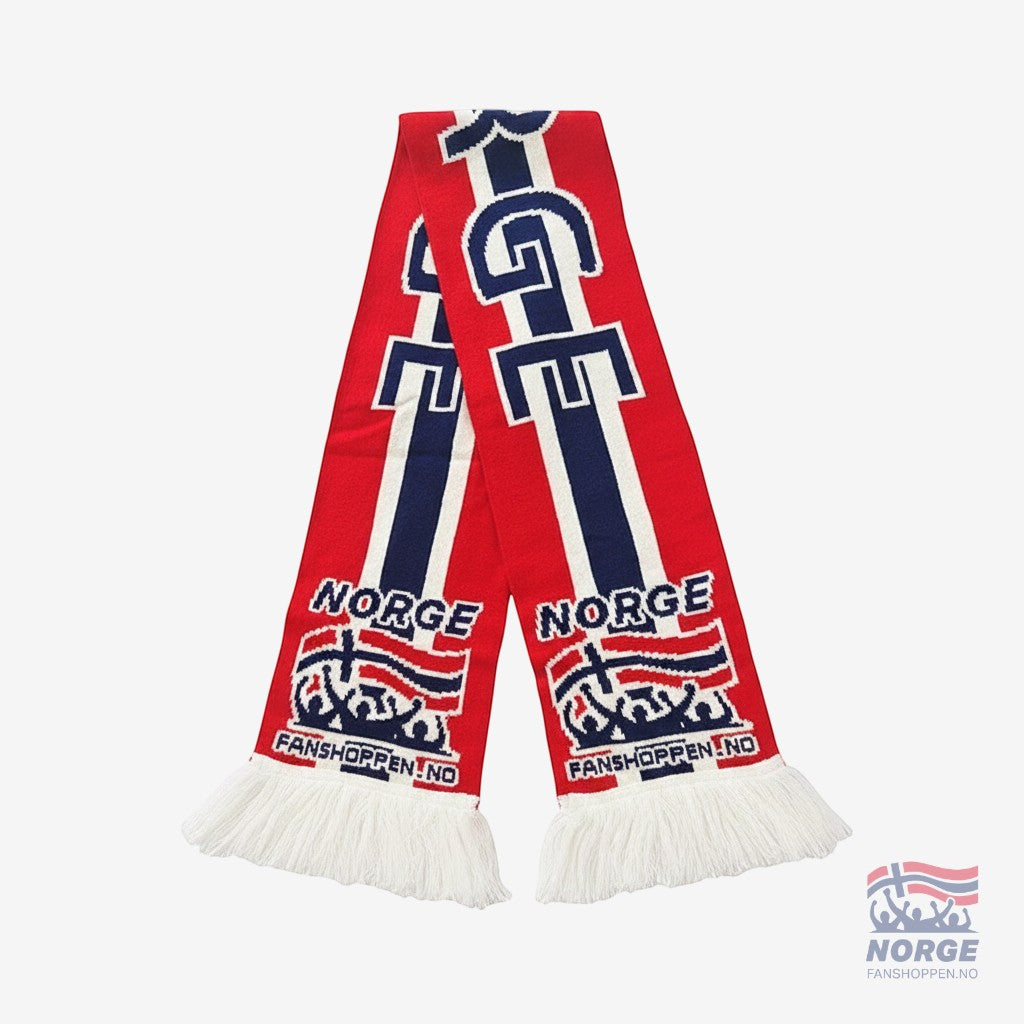Fanshoppen Norge red, white, and blue knitted scarf with horizontal stripes and "NORGE" text and Norwegian flags.