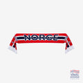 Fanshoppen Norge supporter wearing a red scarf with "NORGE" in blue and white, and a matching jersey.