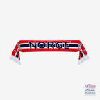 Fanshoppen Norge supporter wearing a red scarf with "NORGE" in blue and white, and a matching jersey.