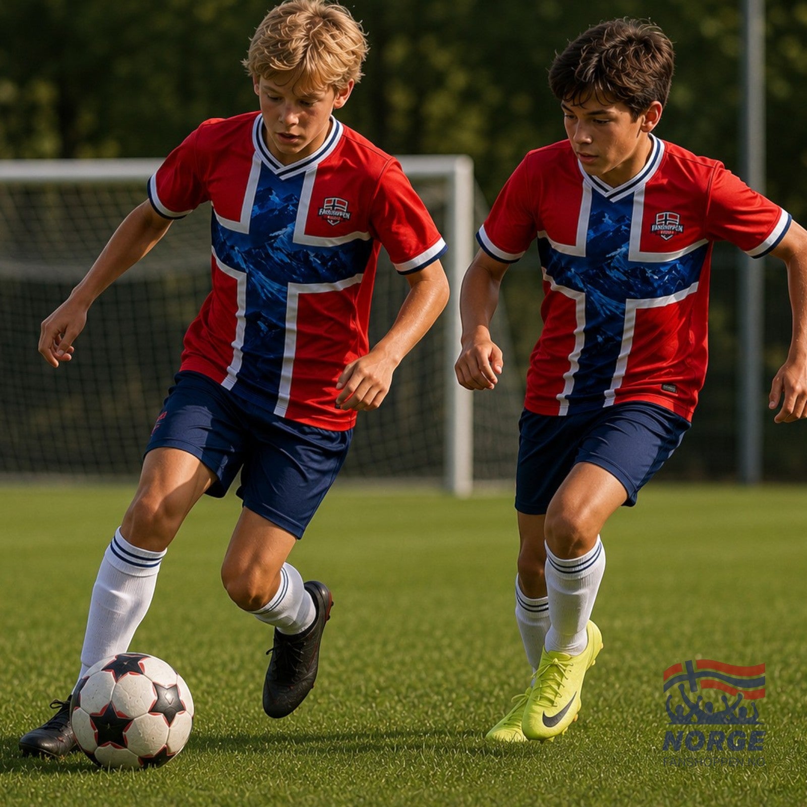 Fanshoppen Norge junior supporter jersey with Norwegian flag and mountain graphic. Red, white, and blue.
