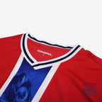 Fanshoppen Norge junior supporter jersey in red, white, and blue with Norwegian flag design and striped collar.