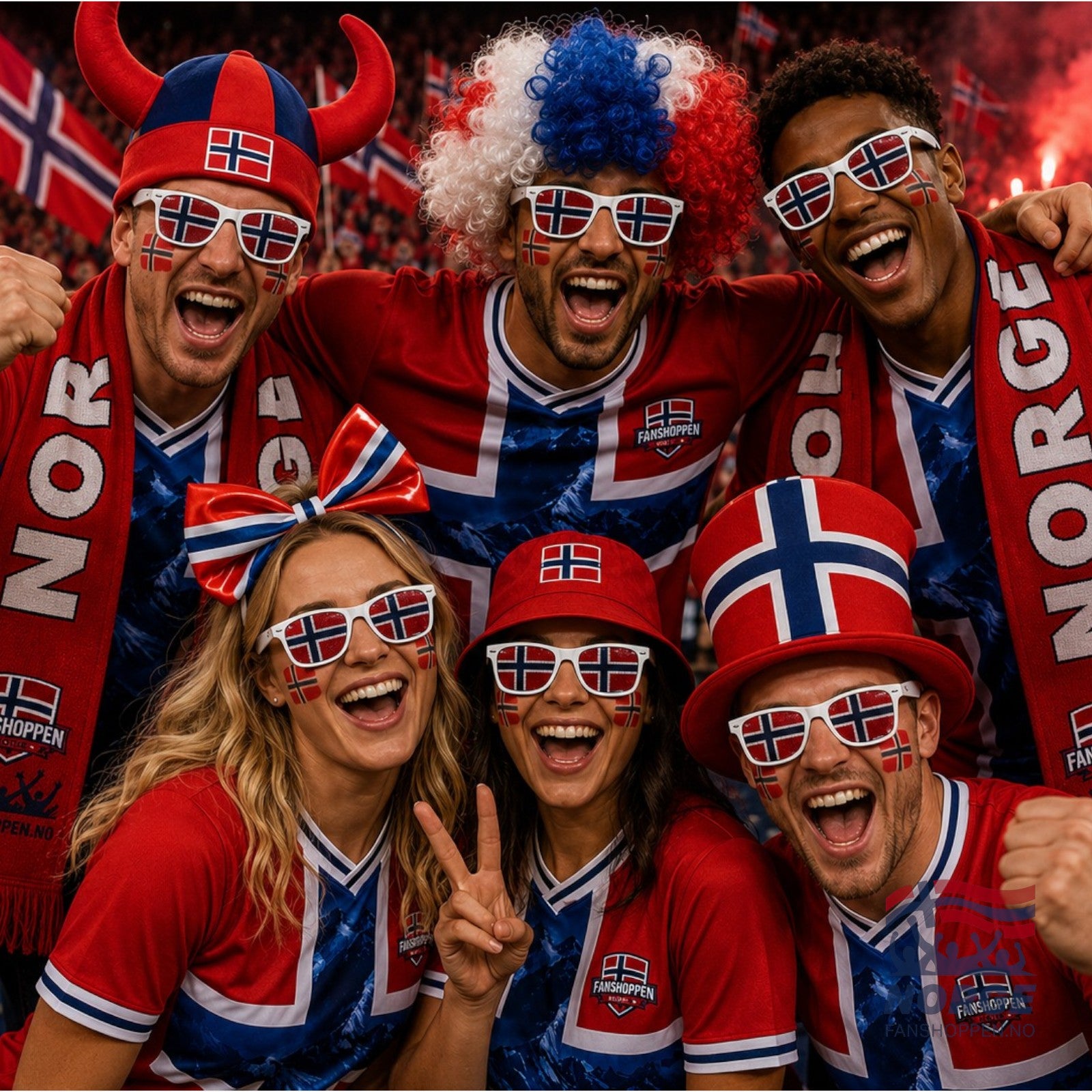 Fanshoppen Norge couple in matching red and blue supporter jerseys with Norwegian flag and mountain print. Woman holds Norwegian flag.