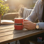 Fanshoppen Norge red ceramic mug with black and white stripe, text "NORGE VINNER" and "FANSHOPPEN.NO"