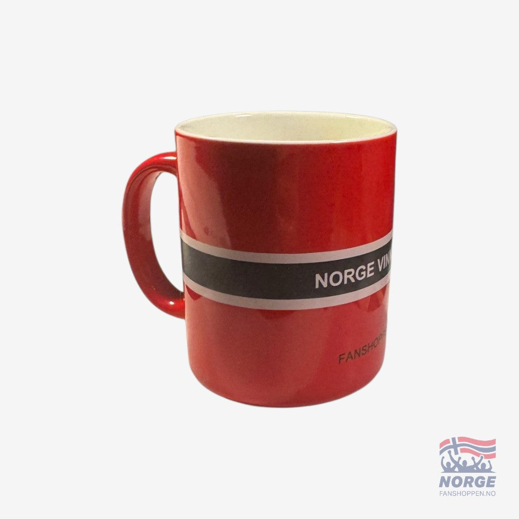 Fanshoppen Norge red supporter mug with text "NORGE VINNER VM!" and "FANSHOPPEN.NO"