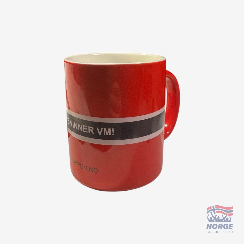 Fanshoppen Norge red supporter mug with "NORGE VINNER VM!" text and Fanshoppen.no logo.