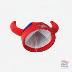 Fanshoppen Norge red and blue plush viking helmet with horns and Norwegian flag detail.